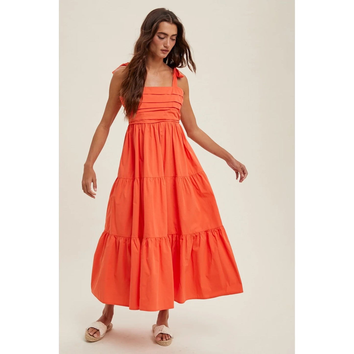 Pleated Tie Shoulder Midi Dress