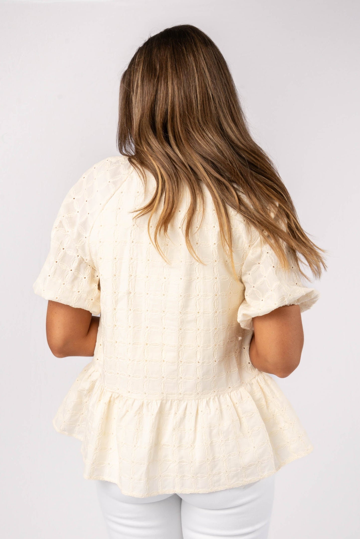 Eyelet Front Bow Peplum Top