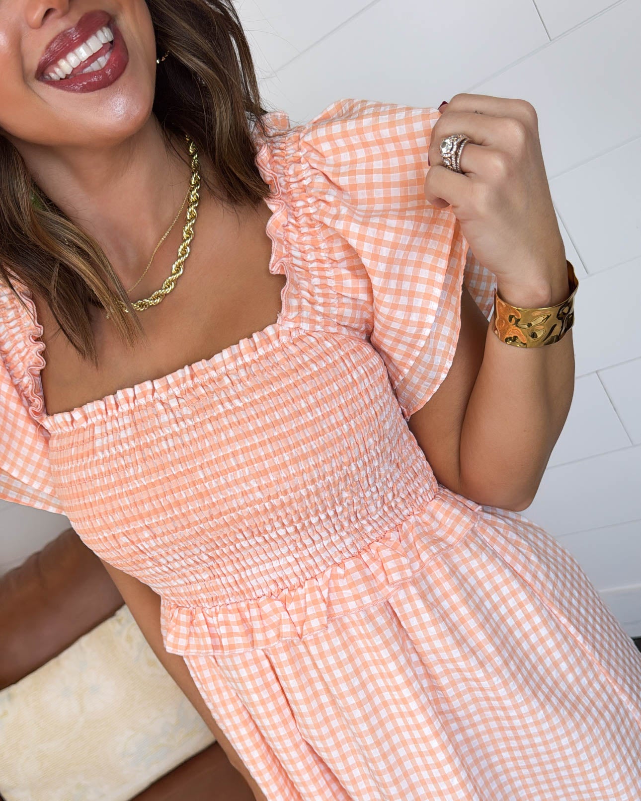 Gingham Smocked Flutter Sleeve Dress