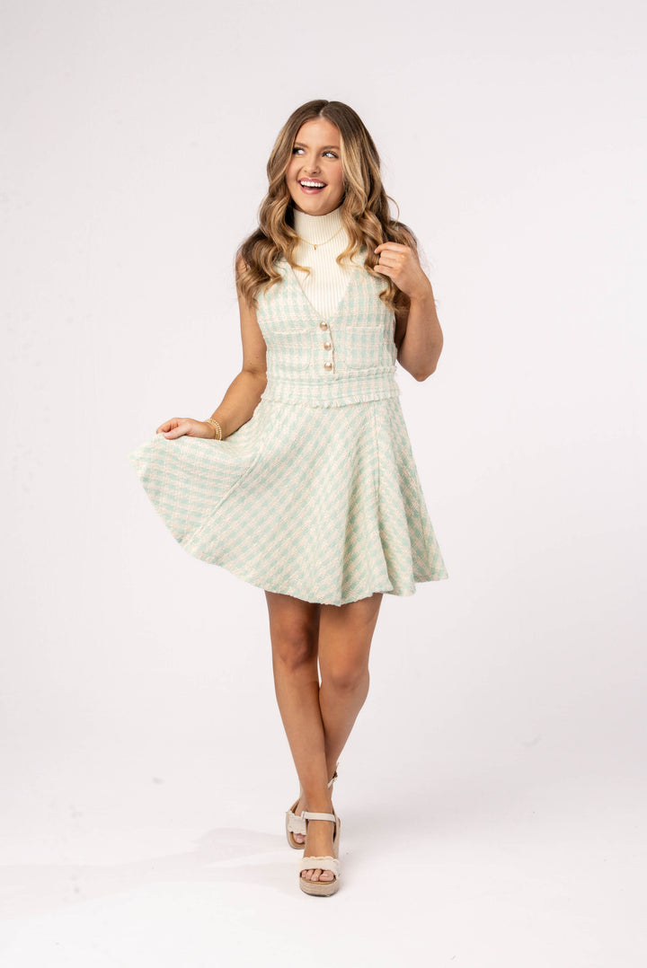 Tweed Plaid Sleeveless Button Detail Dress