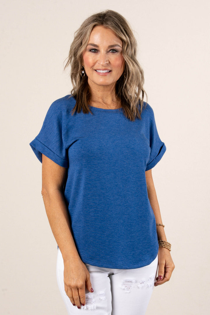 Slub Knit Cuffed Sleeve Top in Royal