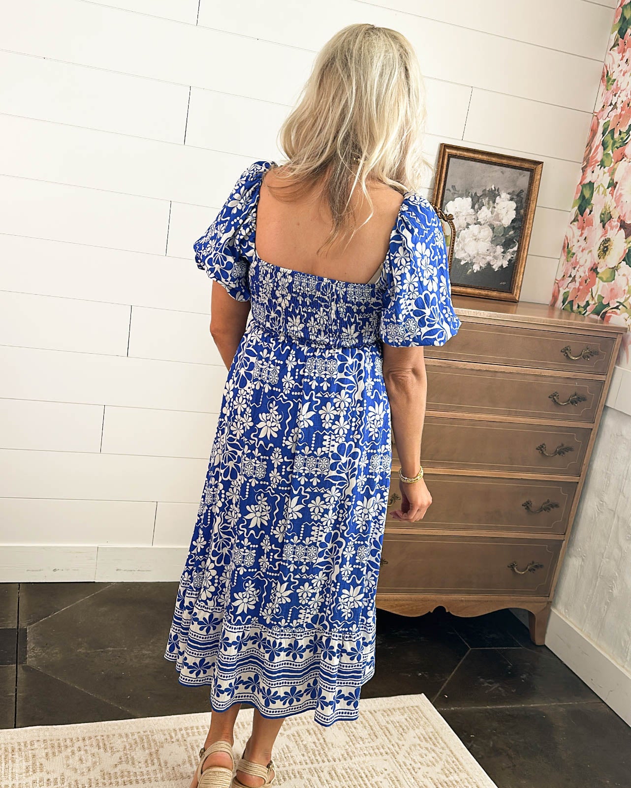 Floral Border Print Square Neck Midi Dress