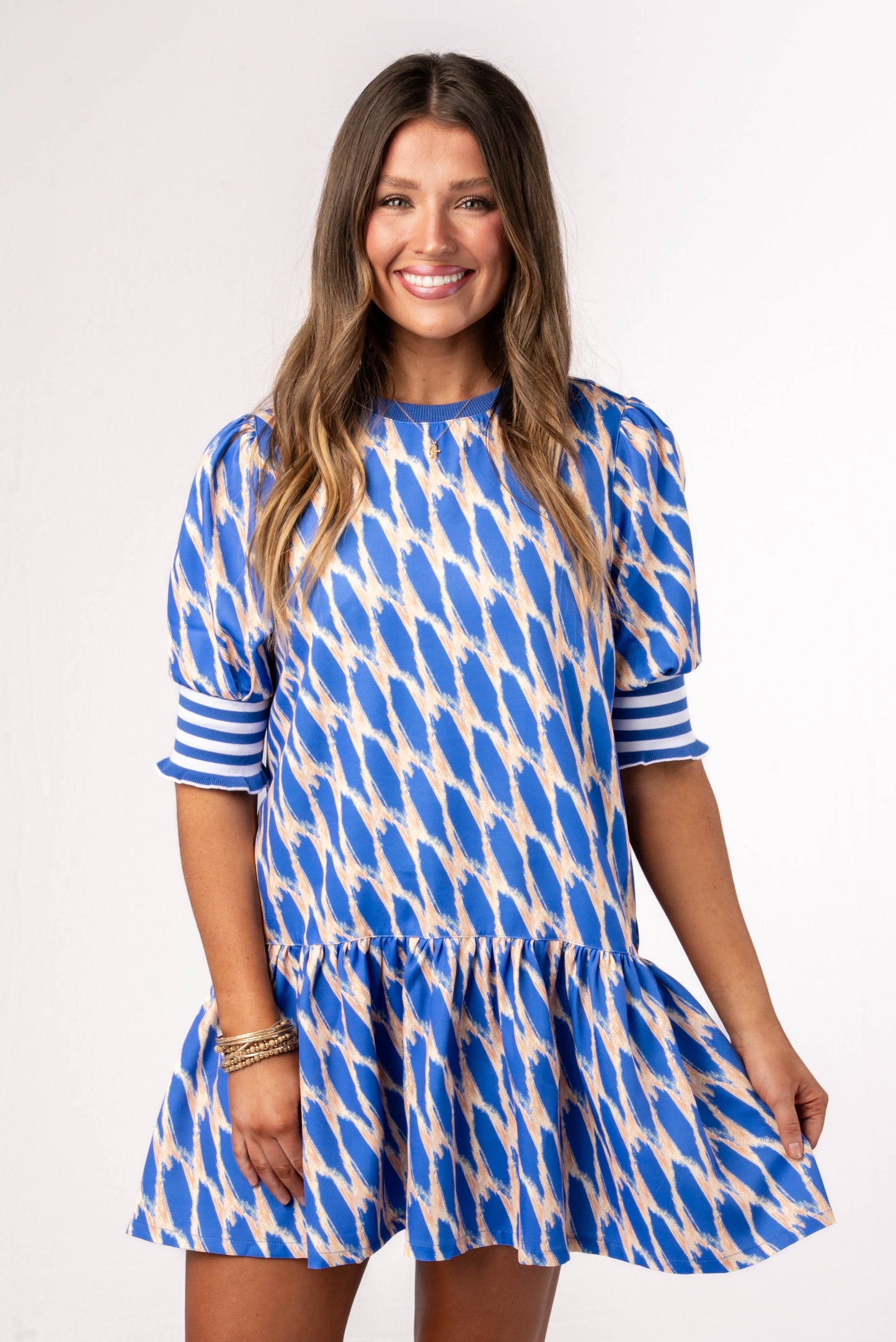 Mixed Print Ruffle Hem Dress Azure