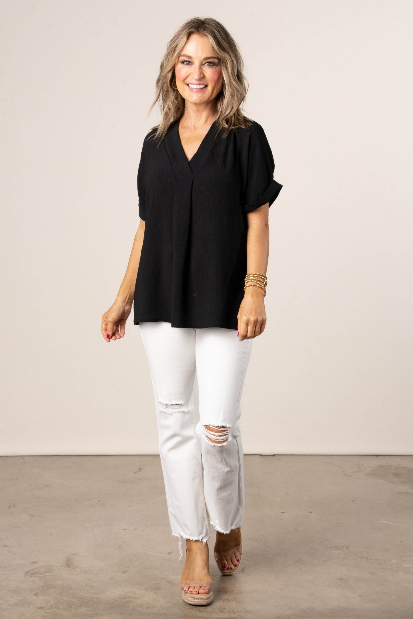 Front Pleat Cuffed Sleeve Top