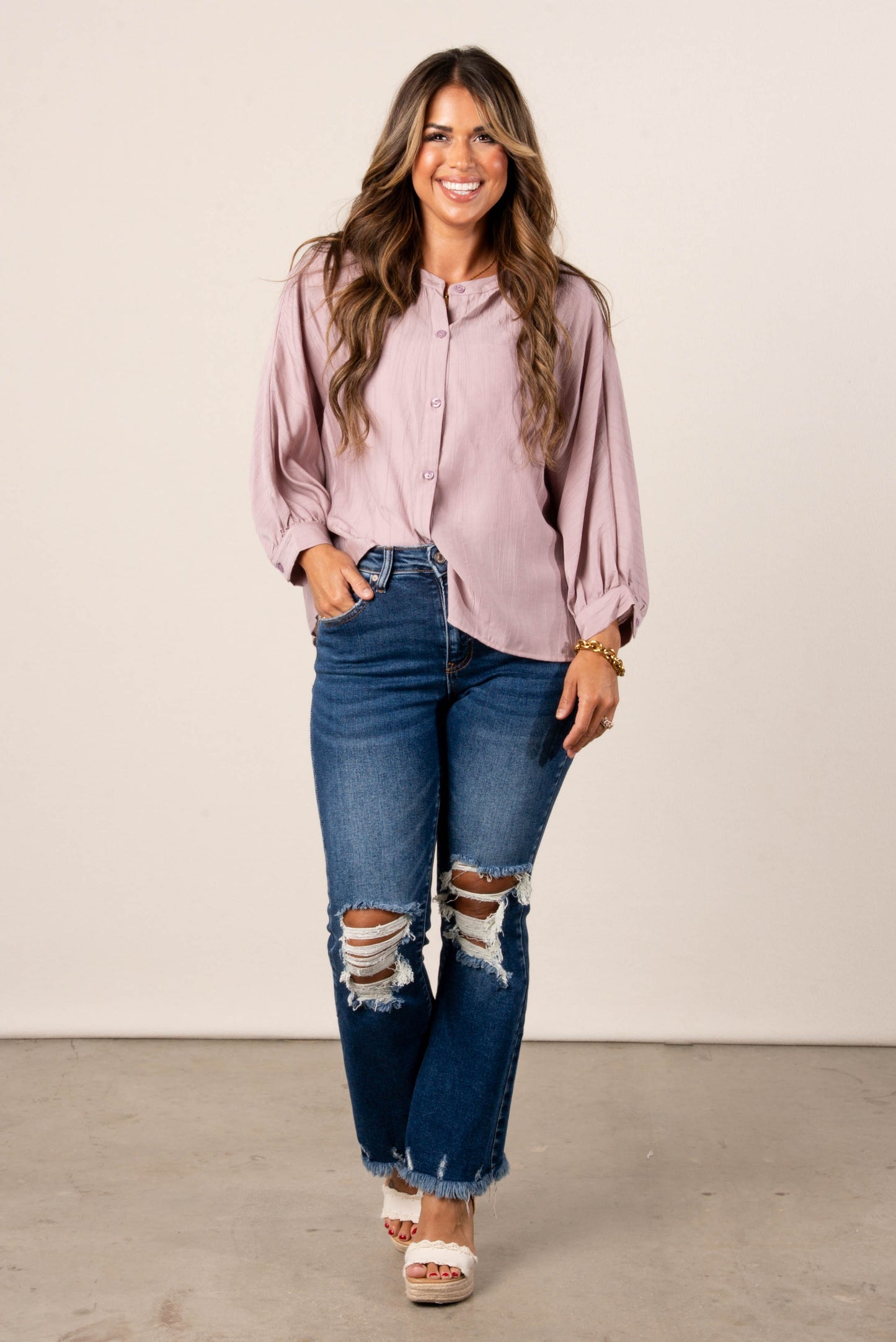 Textured Round Collar Dolman Shirt