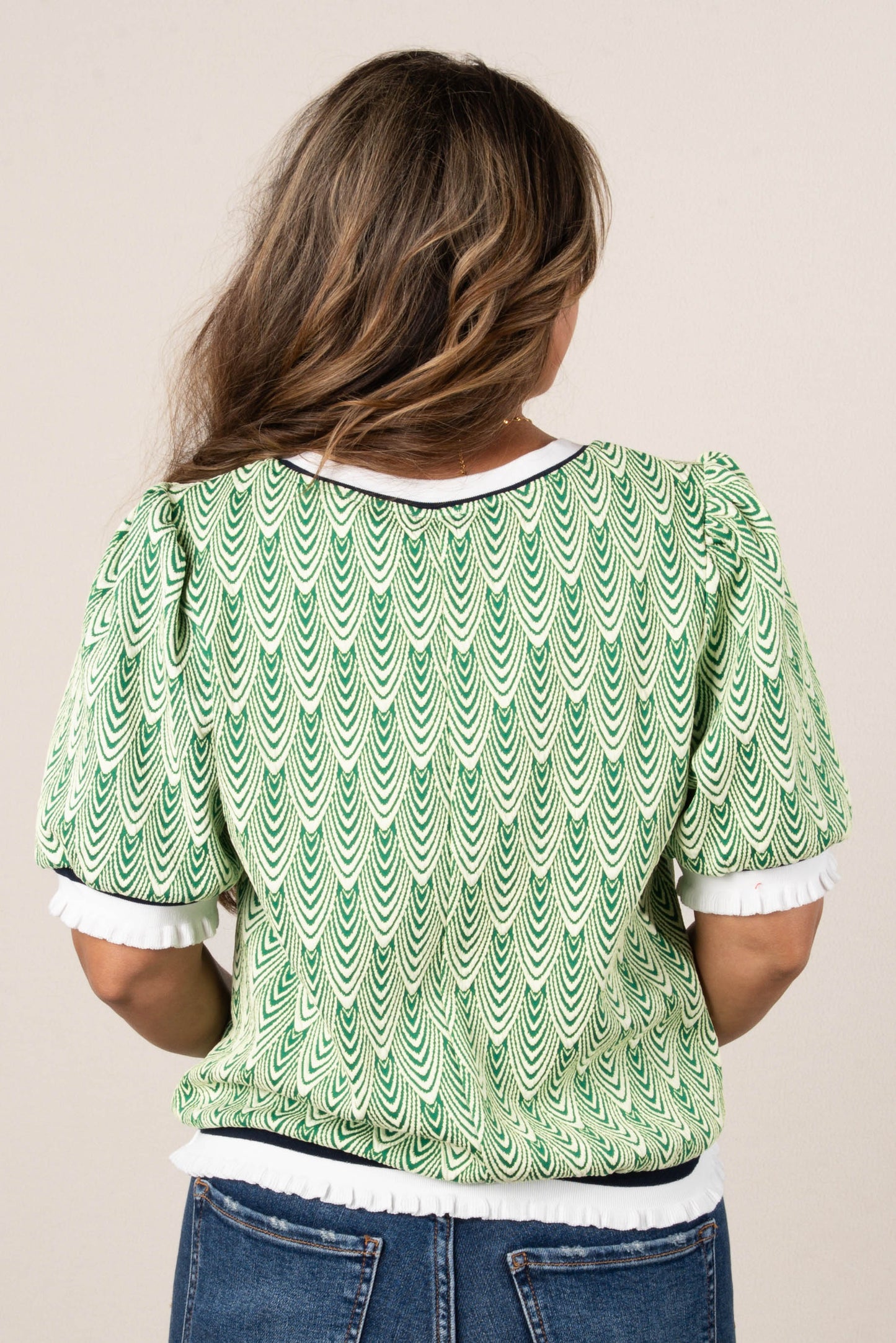 Jacquard Print Ruffle Trim Top