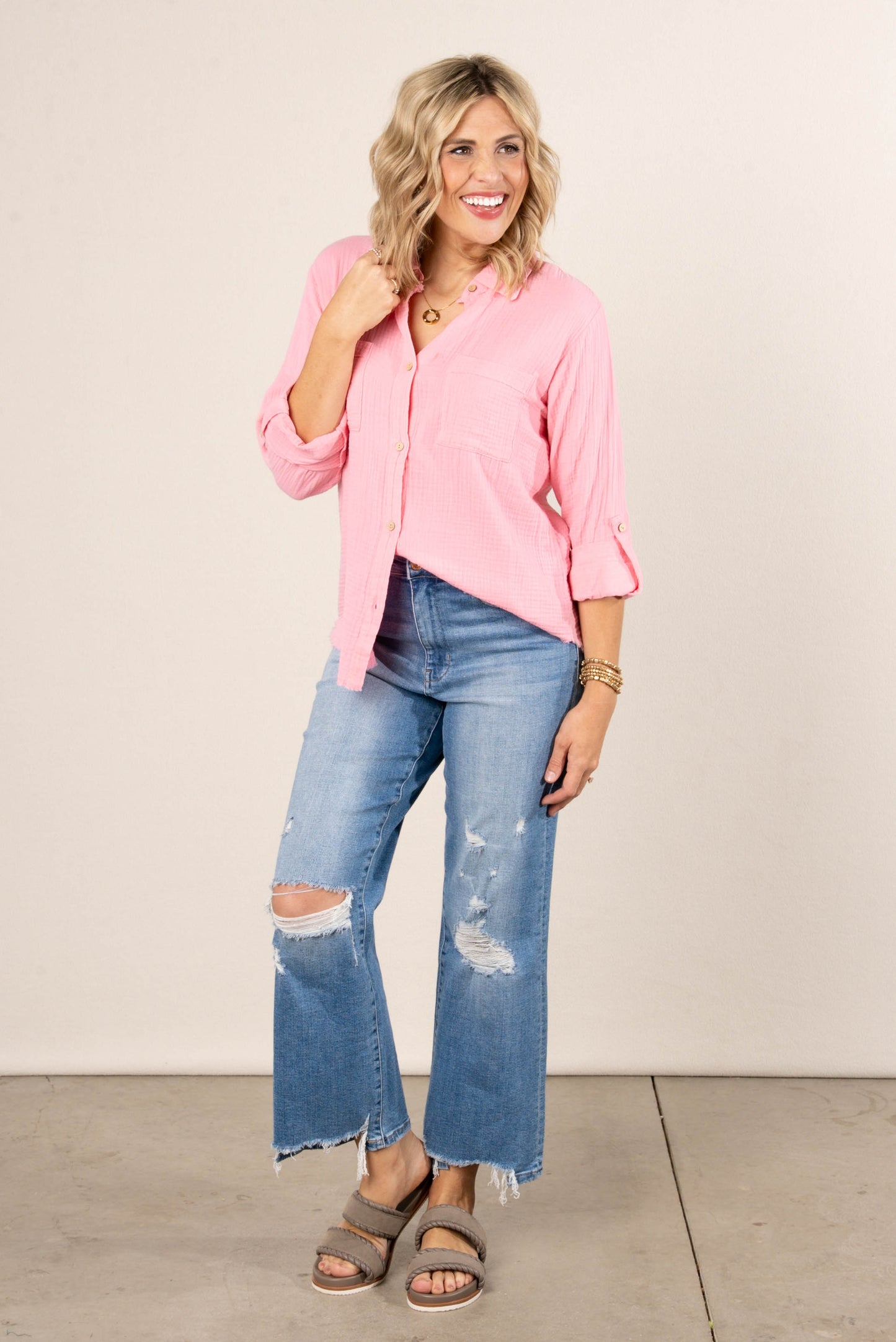 Gauze Knit Tab Sleeve Shirt *Final Sale*