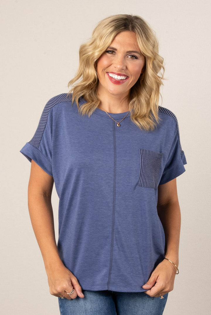 Contrast Ribbed Stripe Pocket Top