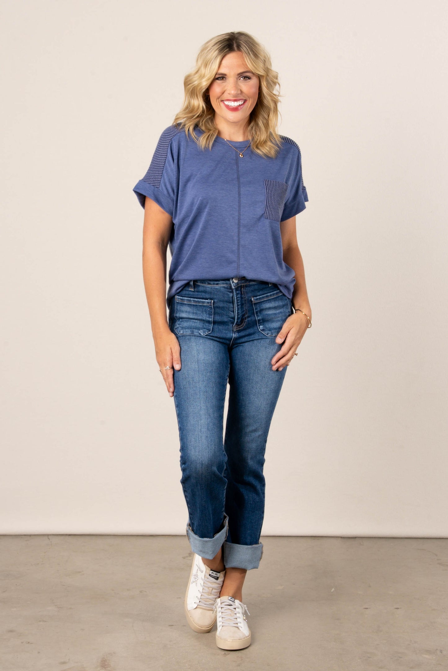 Contrast Ribbed Stripe Pocket Top