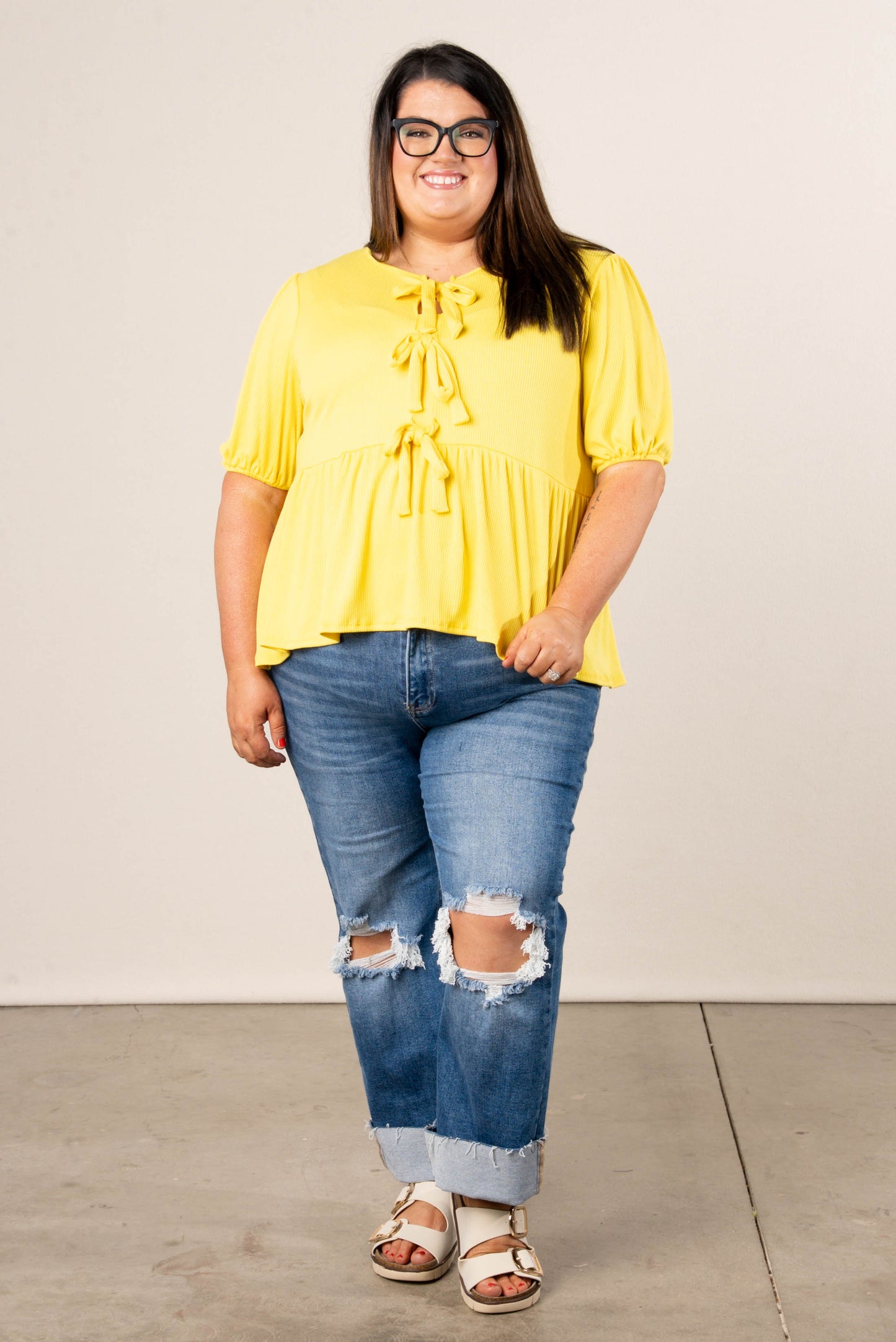Ribbed Bow Front Babydoll Top in Lemon