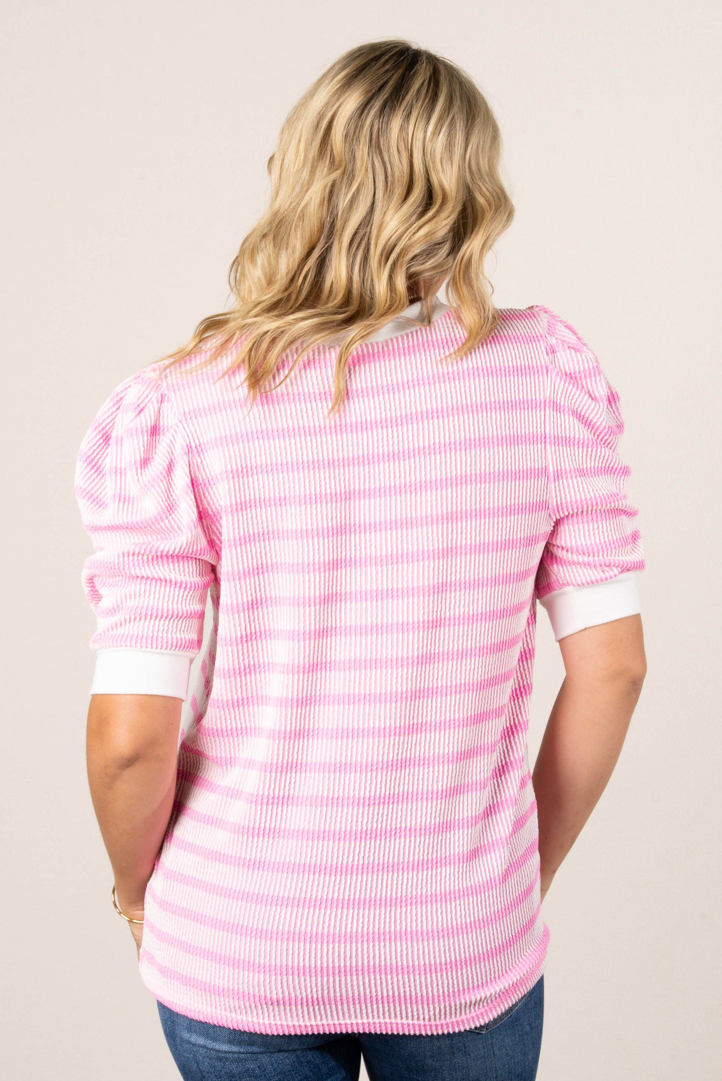 Textured Stripe Puff Sleeve Top