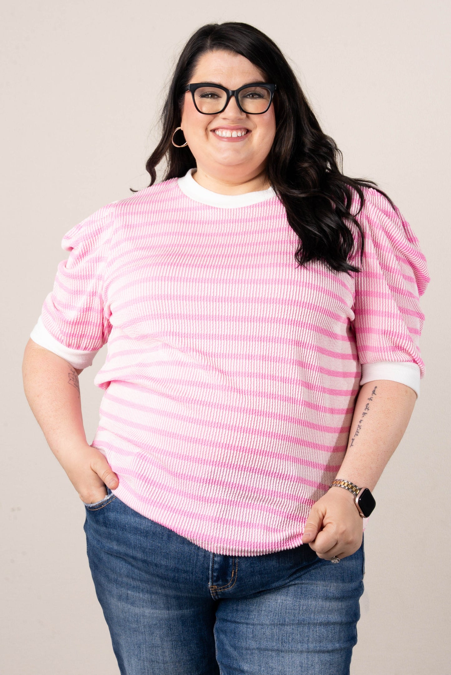 Textured Stripe Puff Sleeve Top