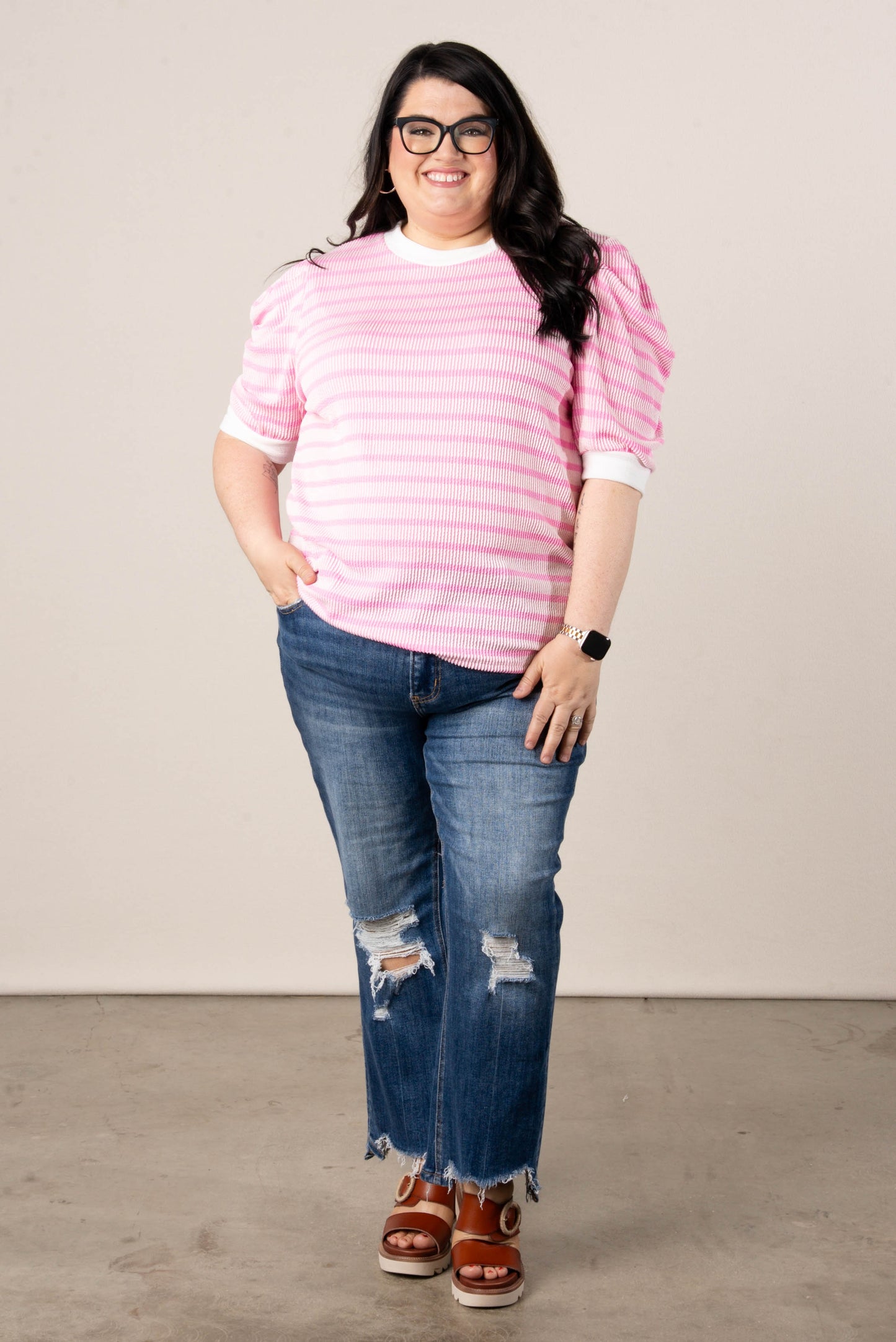 Textured Stripe Puff Sleeve Top