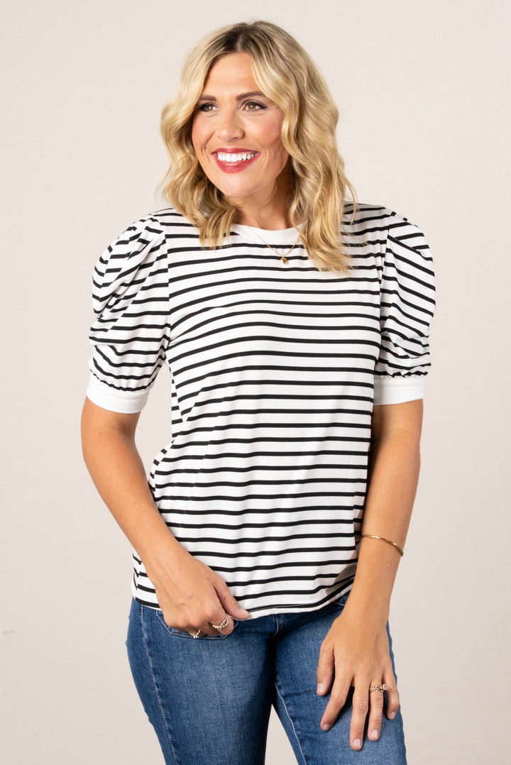 Striped Pleated Puff Sleeve Top in Black