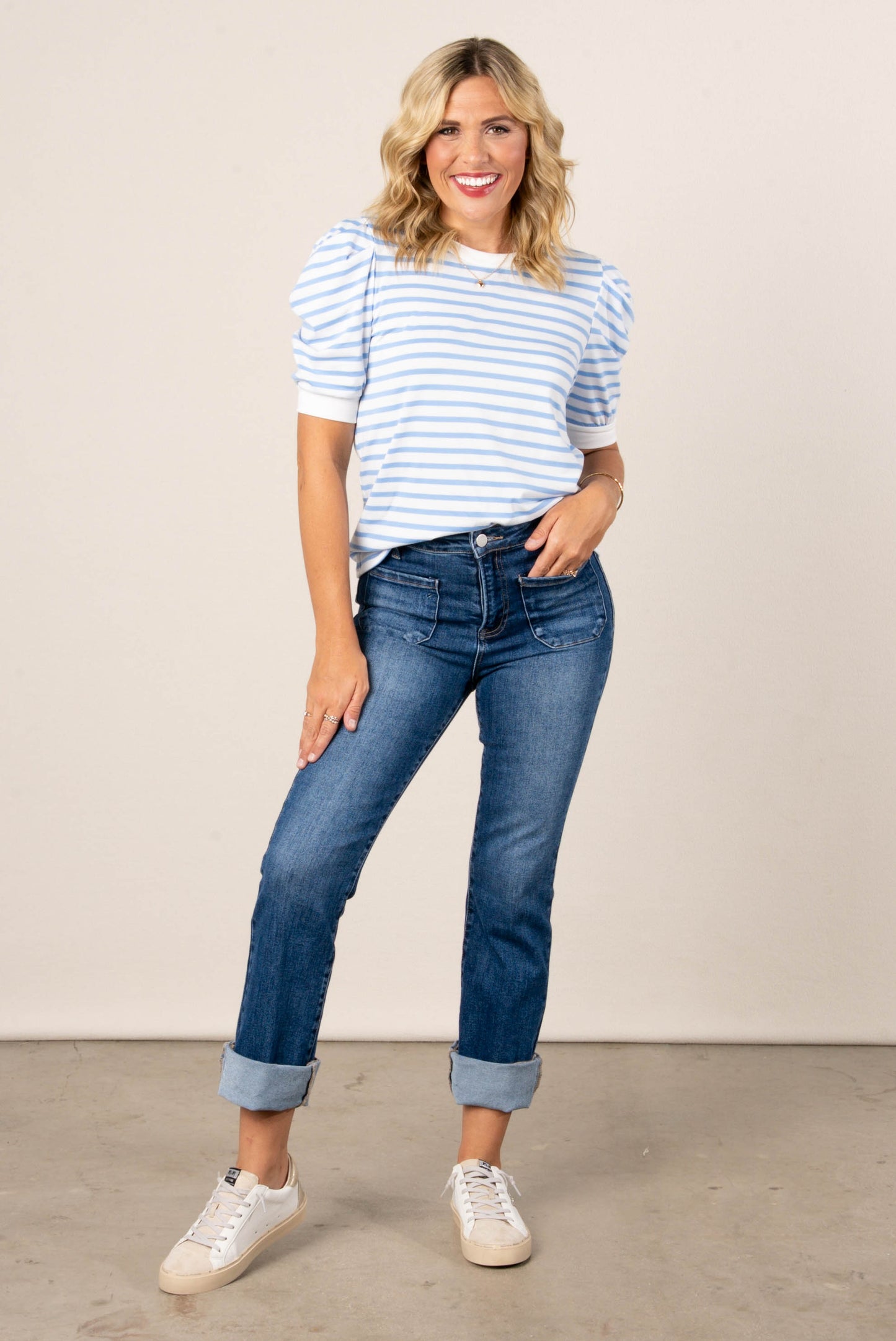 Striped Pleated Puff Sleeve Top