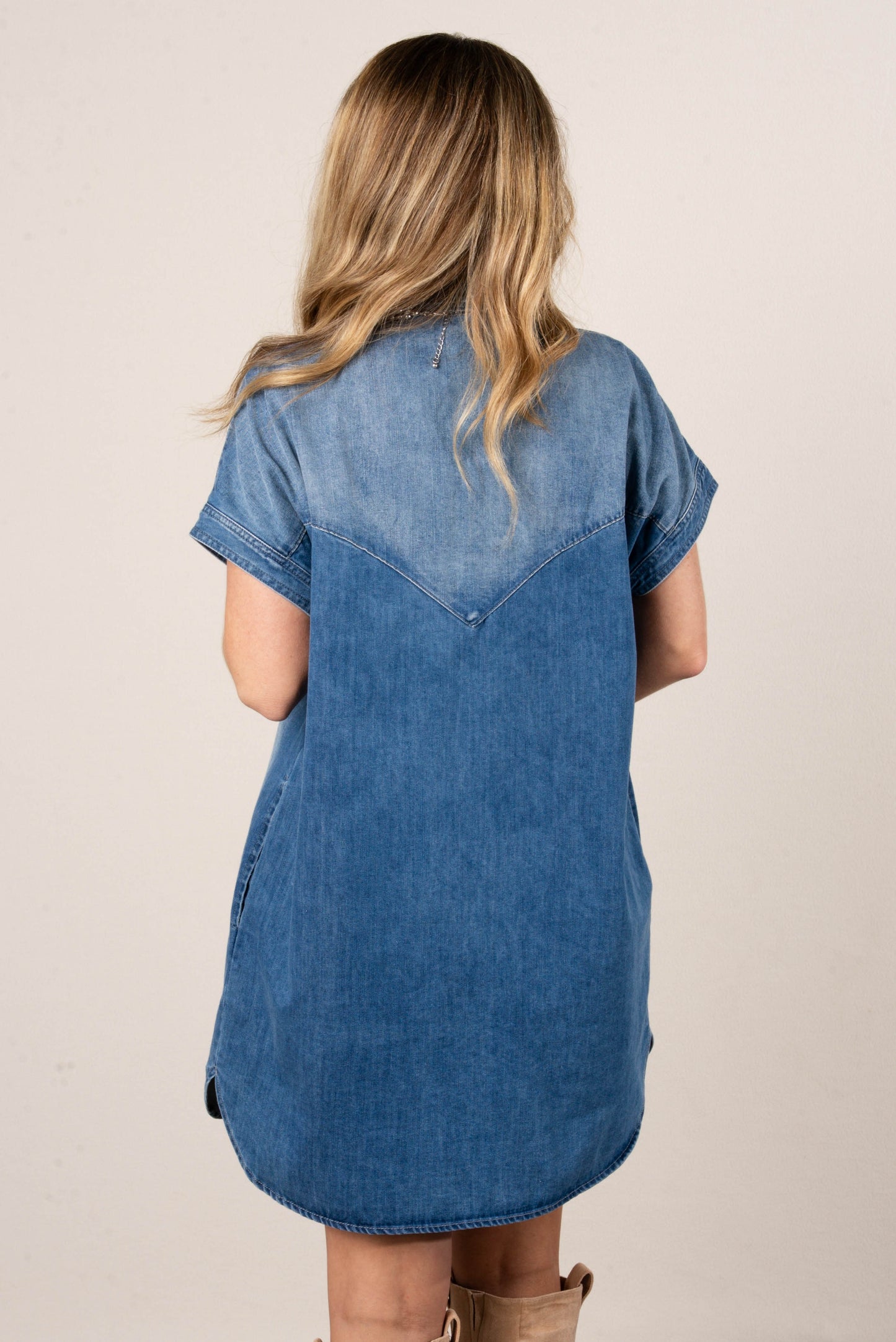 Chambray Pearl Snap Shirt Dress
