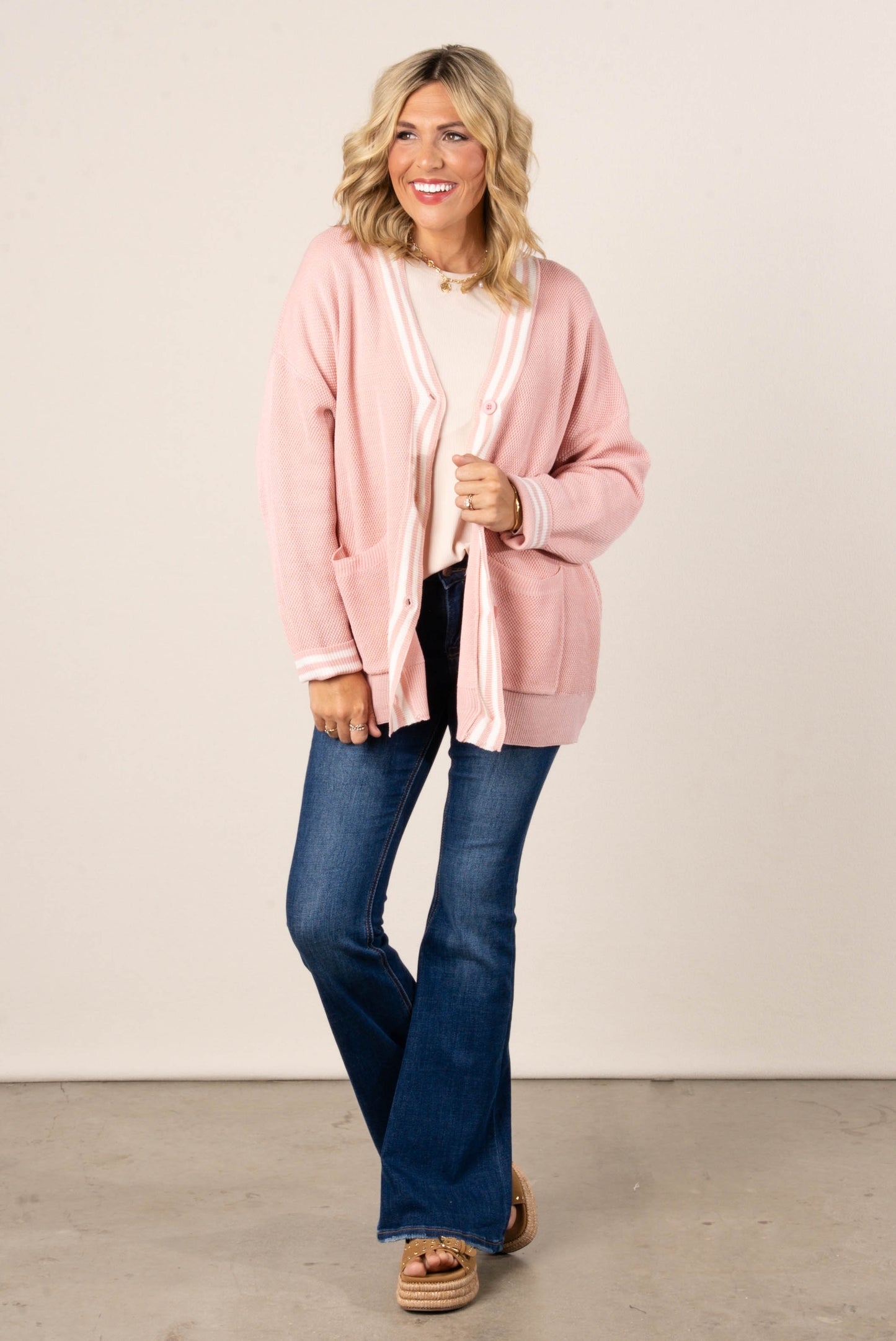 Textured Varsity Striped Button Up Cardigan