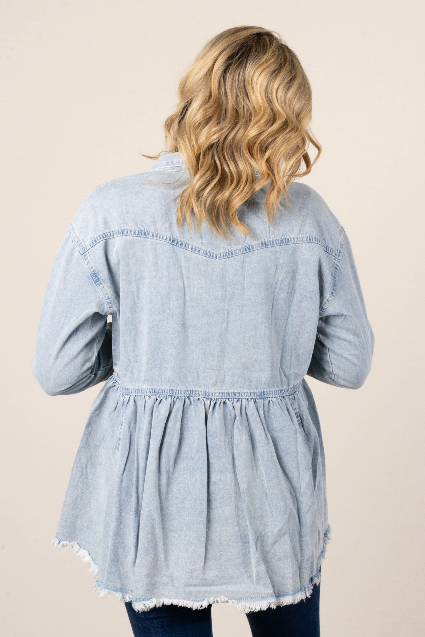 Washed Denim Peplum Shirt Jacket