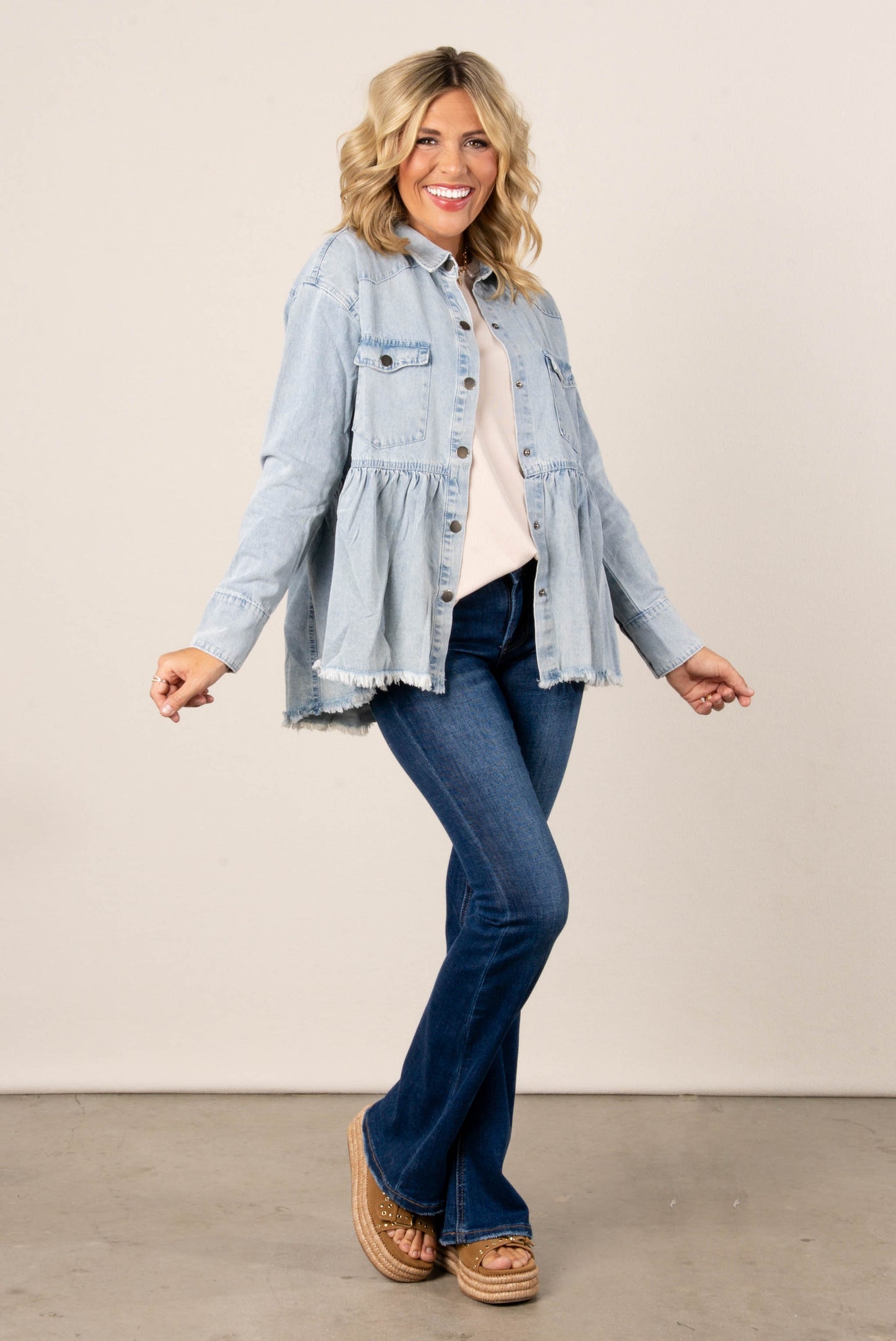 Washed Denim Peplum Shirt Jacket