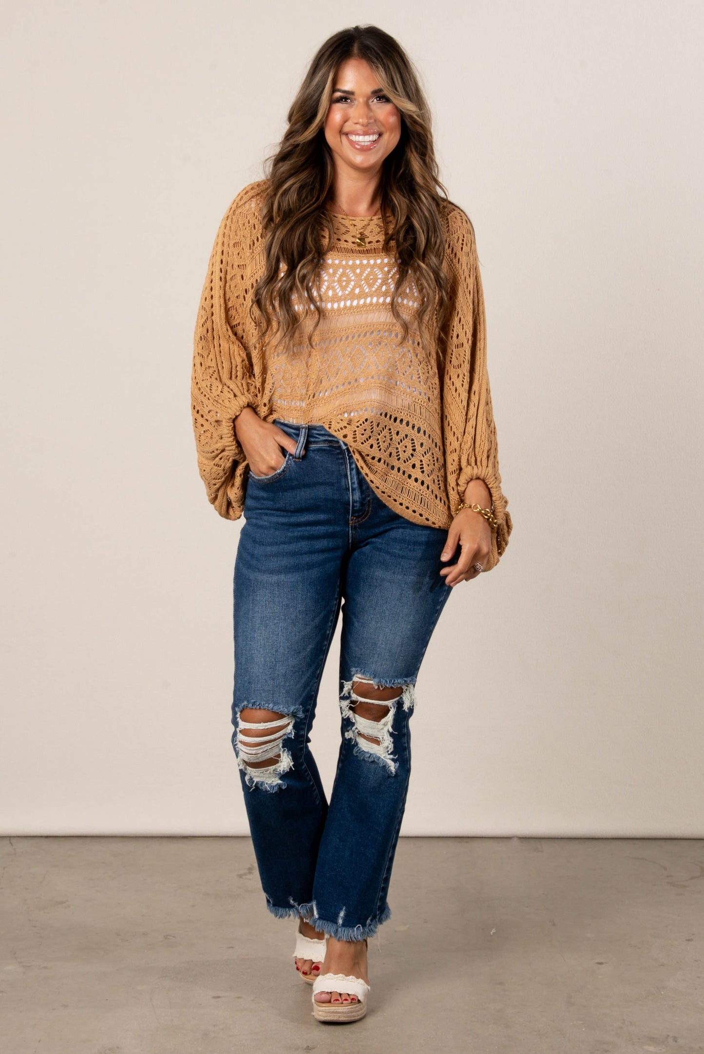 Open Knit Draped Sleeve Top