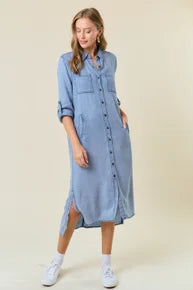 Tencel Tab Sleeve Midi Shirt Dress