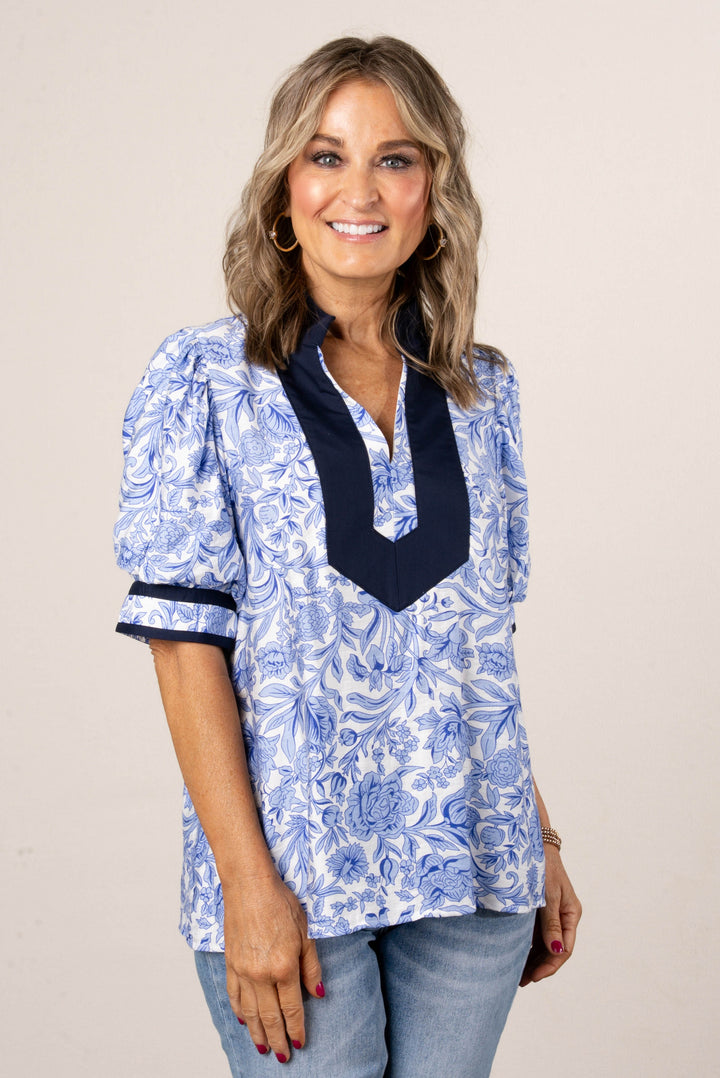 Floral Contrast Trim Top in Blue