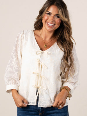 Lace Overlay Bow Front Blouse