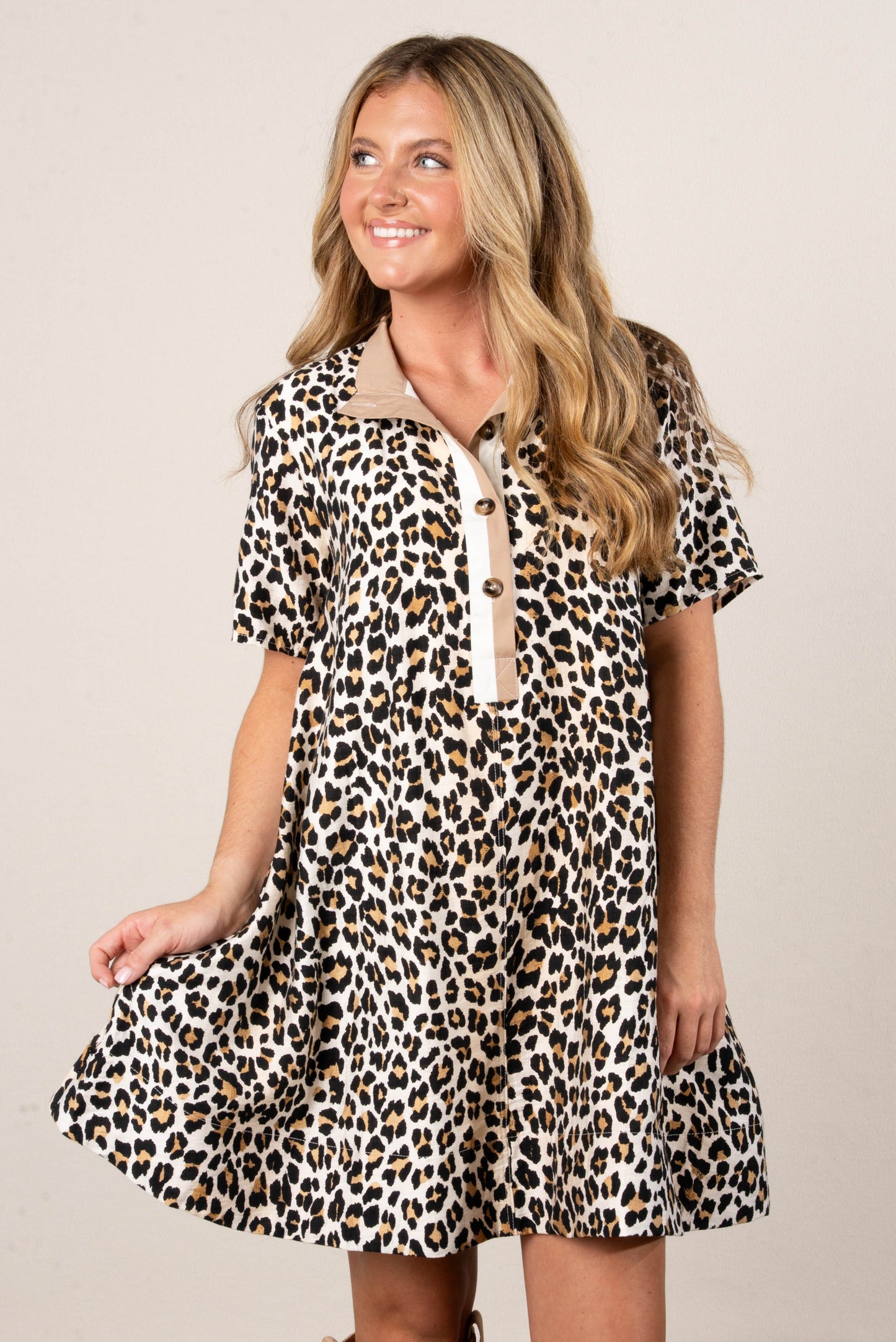 Leopard Half Button A-Line Dress