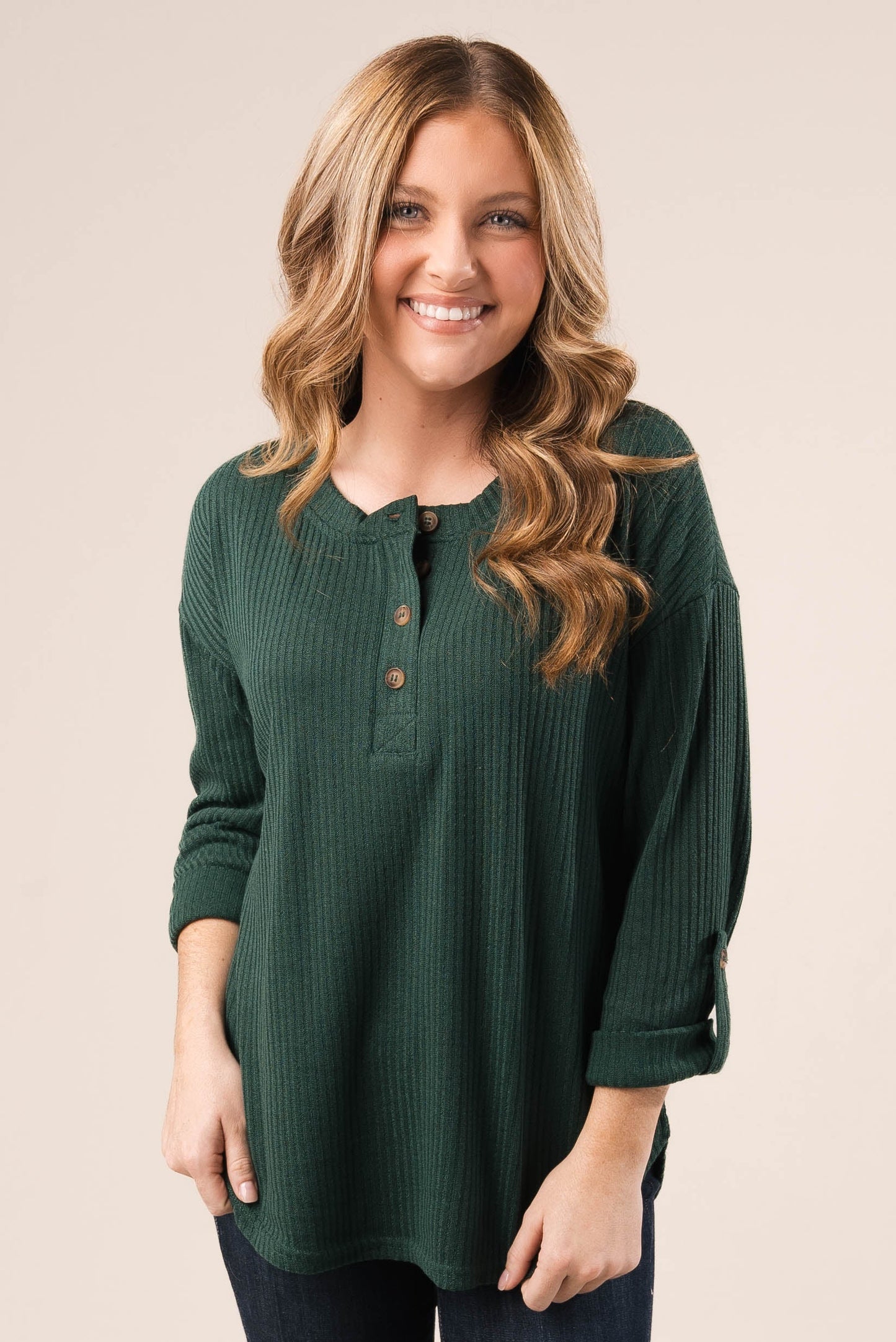 Ribbed Tab Sleeve Henley Top