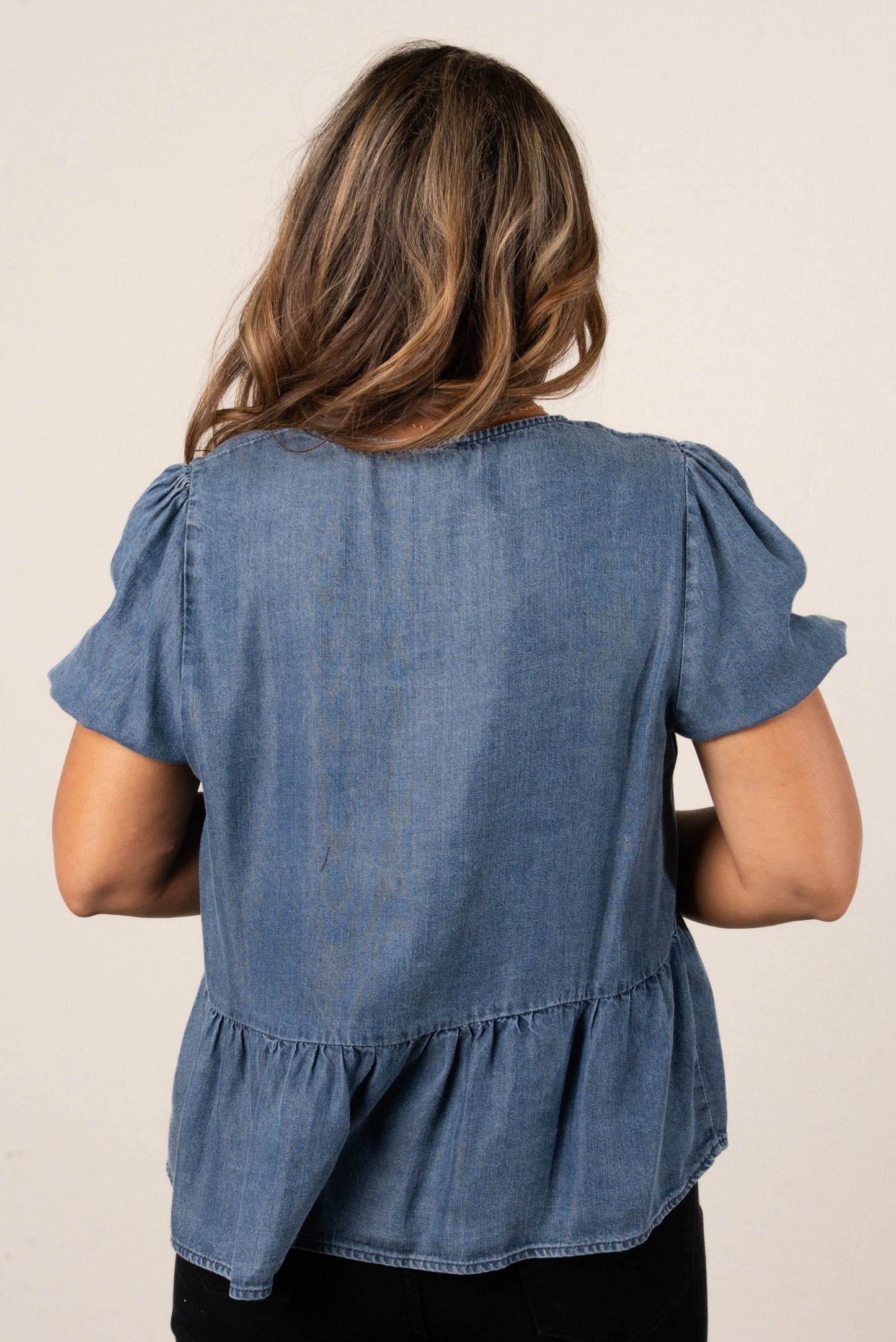 Denim Lace Bow Front Peplum Top