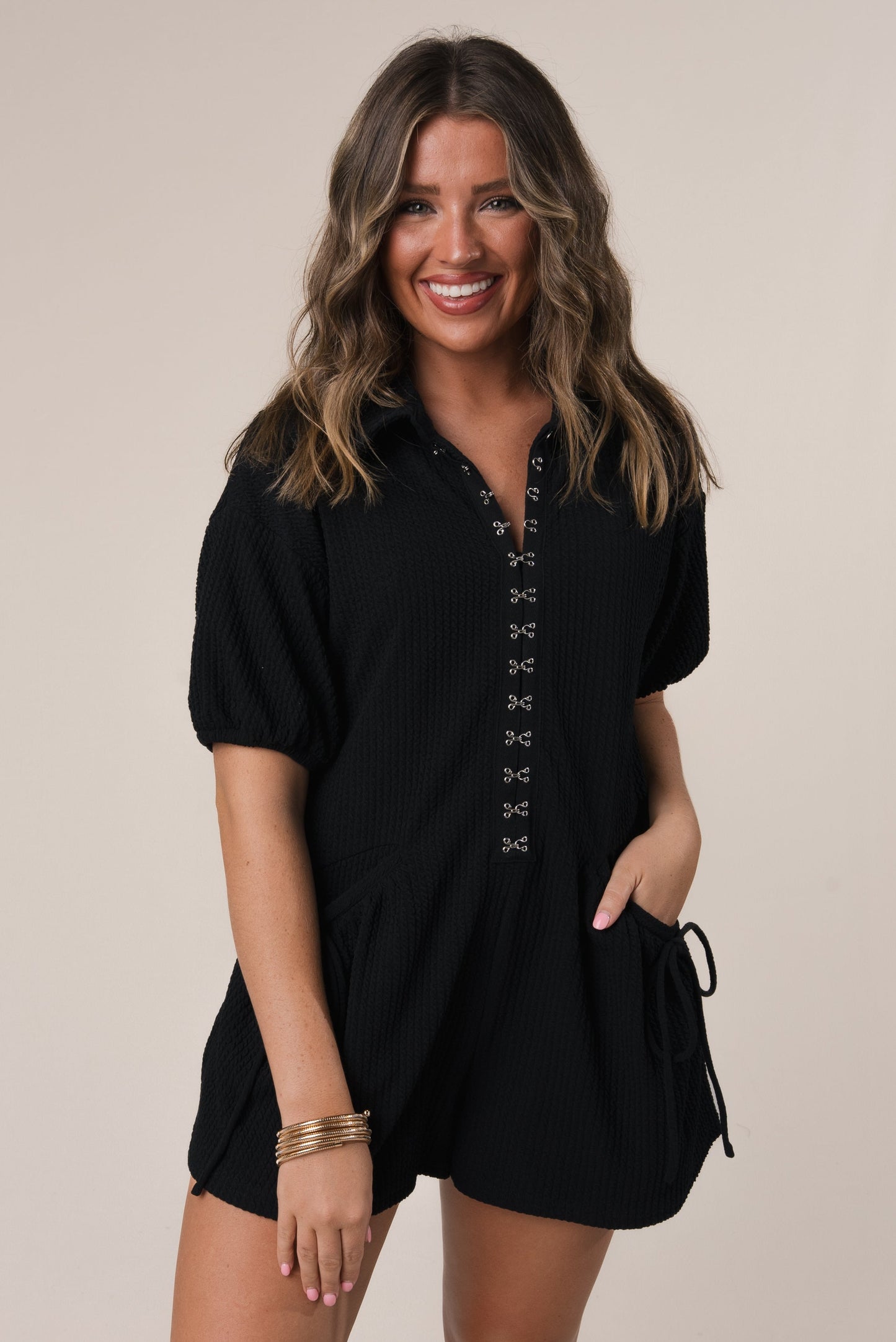 Textured Hook + Eye Closure Romper *Final Sale*
