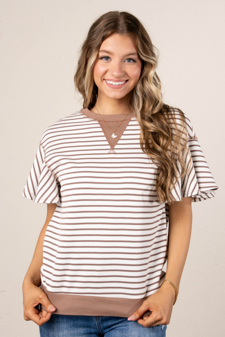 Stripe Top Stitch Ruffle Sleeve Top