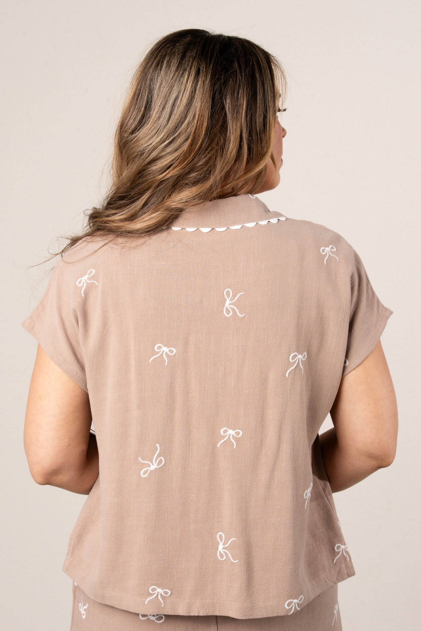 Linen Bow Embroidered Top + Pants Set