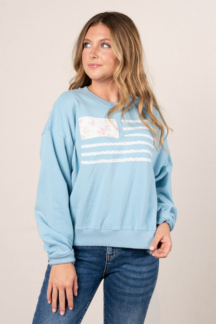 Floral American Flag Patch Pullover