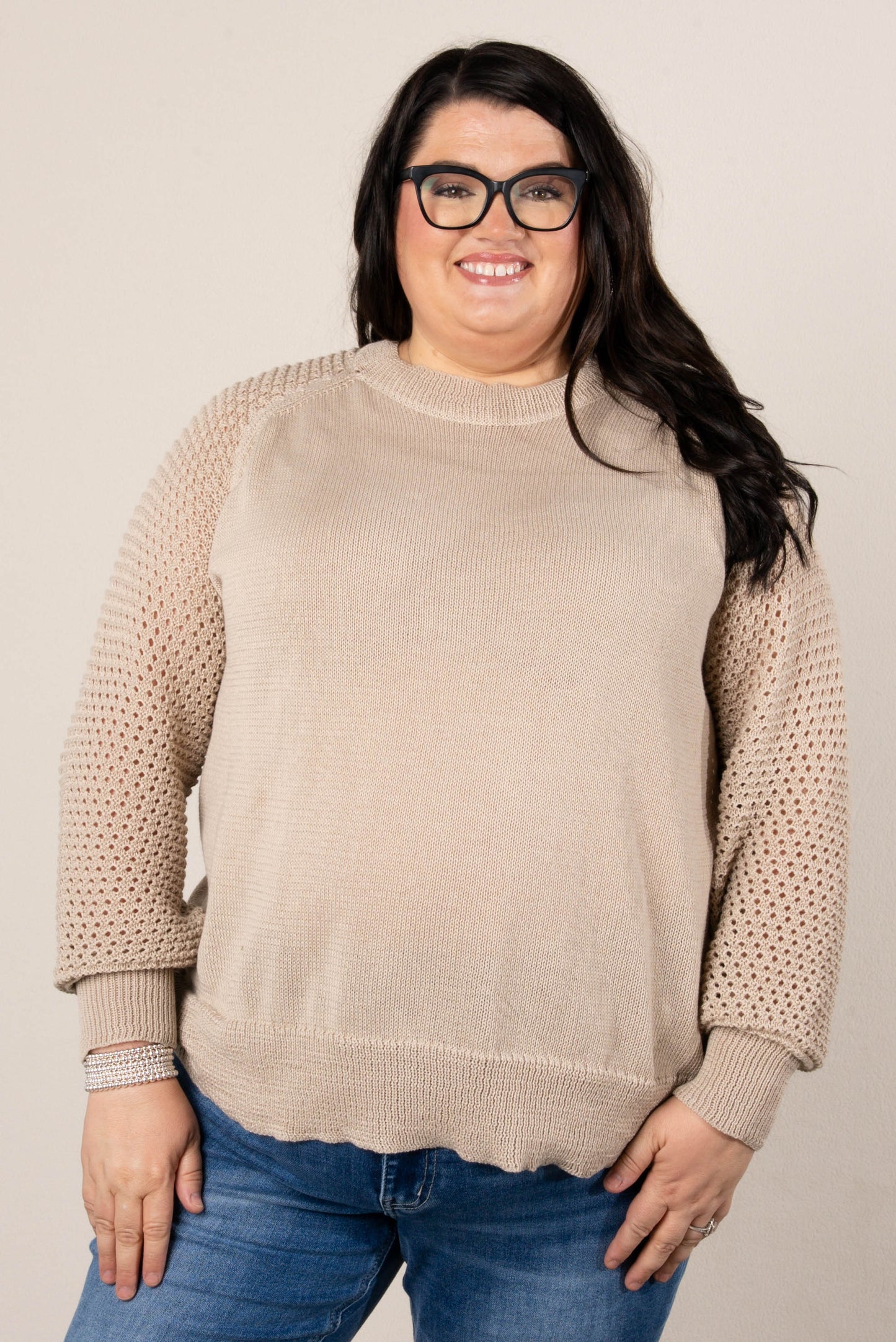 Natalie Raglan Open Knit Sleeve Sweater