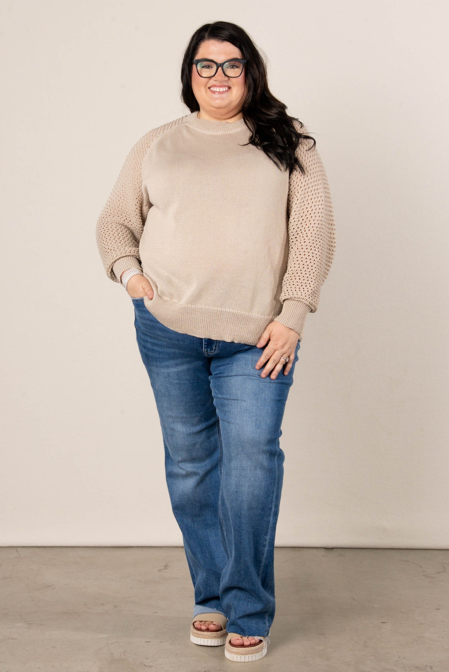 Natalie Raglan Open Knit Sleeve Sweater