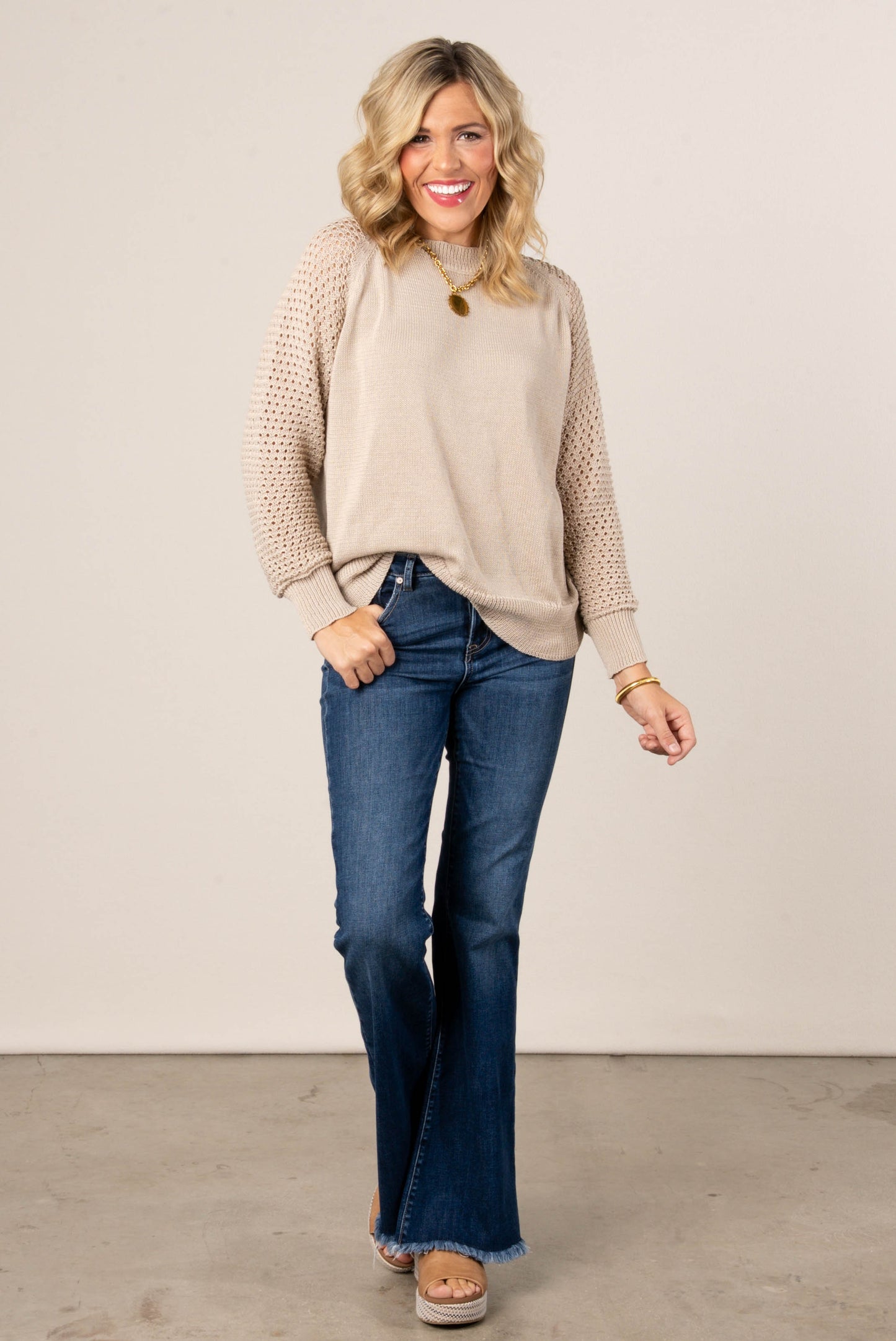 Natalie Raglan Open Knit Sleeve Sweater
