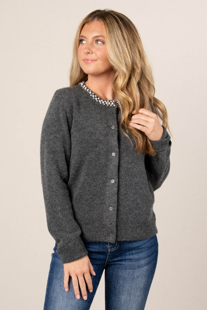 Scarlett Jeweled Neck Sweater Cardigan