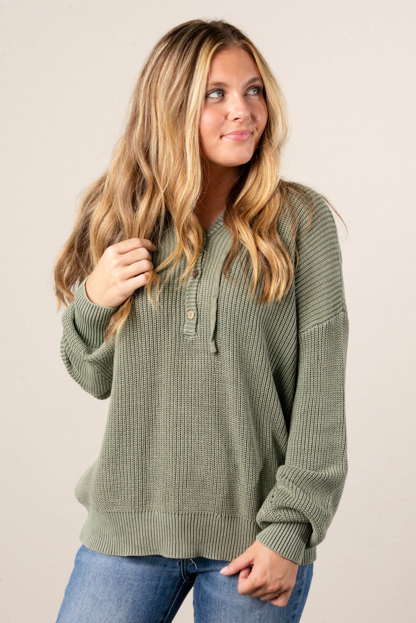 Andrea Hooded Henley Sweater