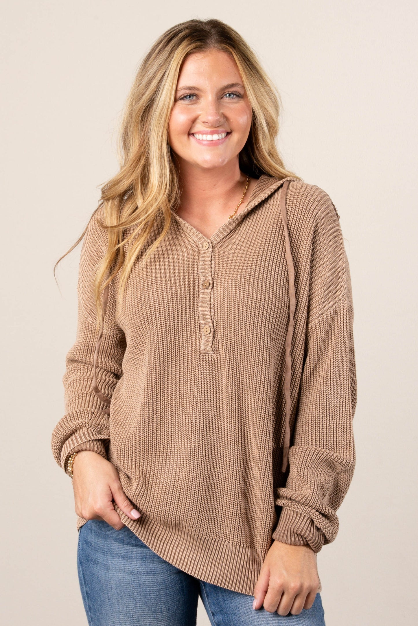 Andrea Hooded Henley Sweater