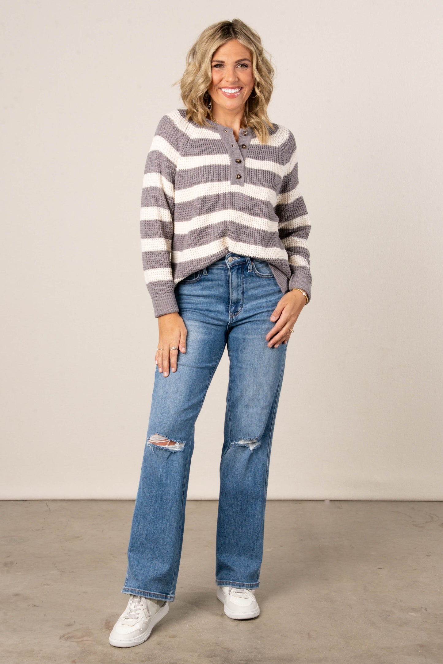 Juniper Waffle Knit Stripe Henley Sweater