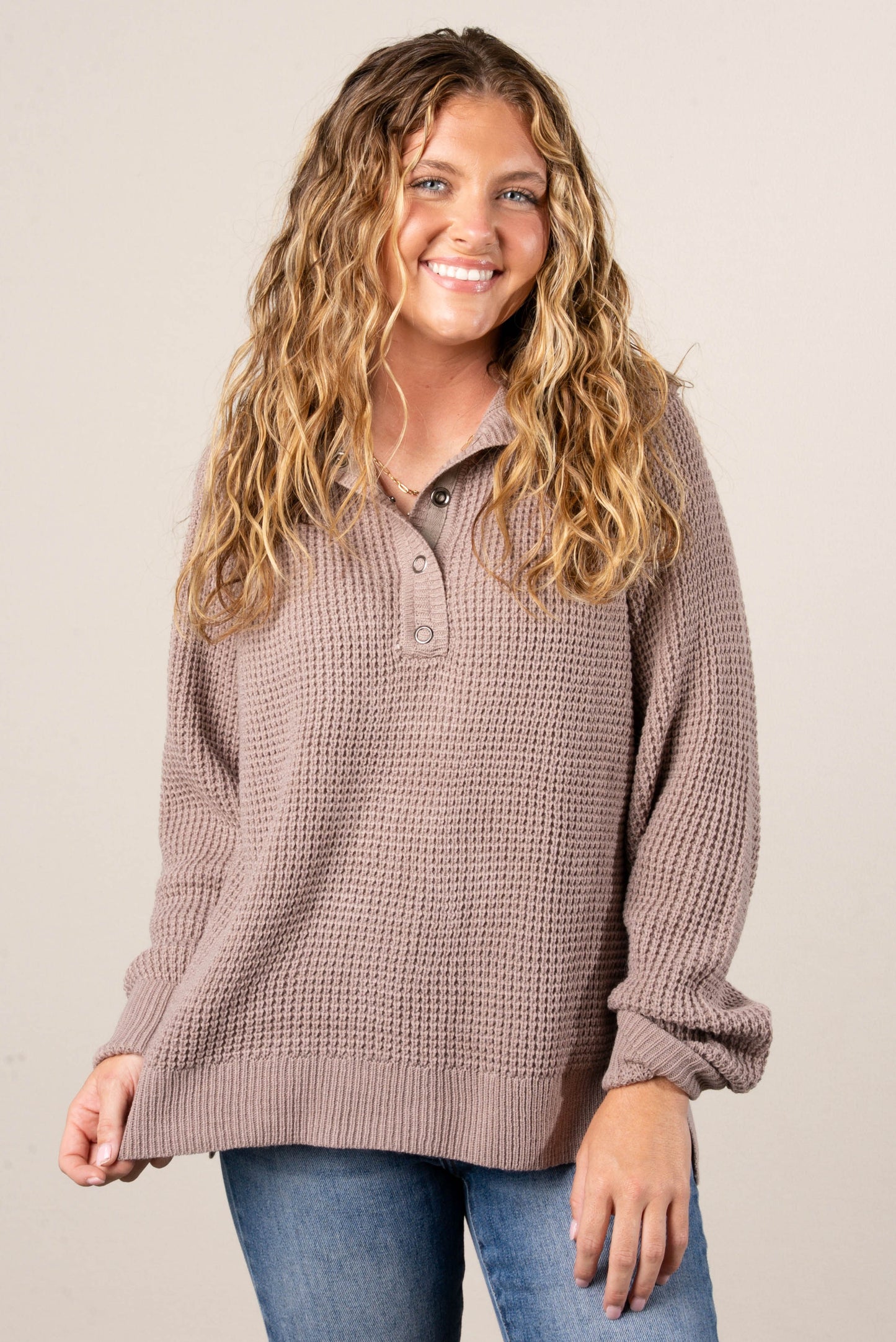 Loretta Waffle Knit Snap Neck Sweater