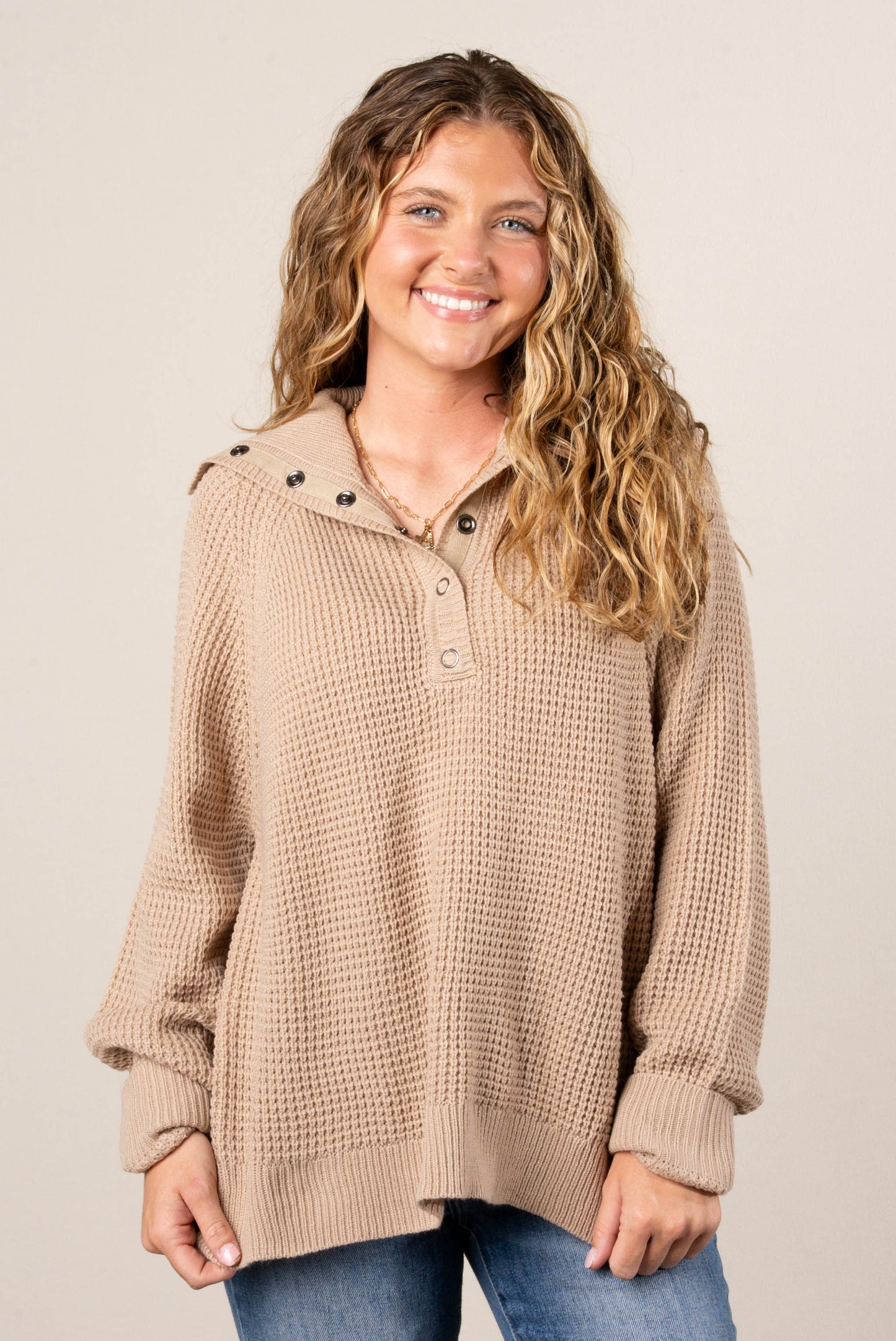 Loretta Waffle Knit Snap Neck Sweater