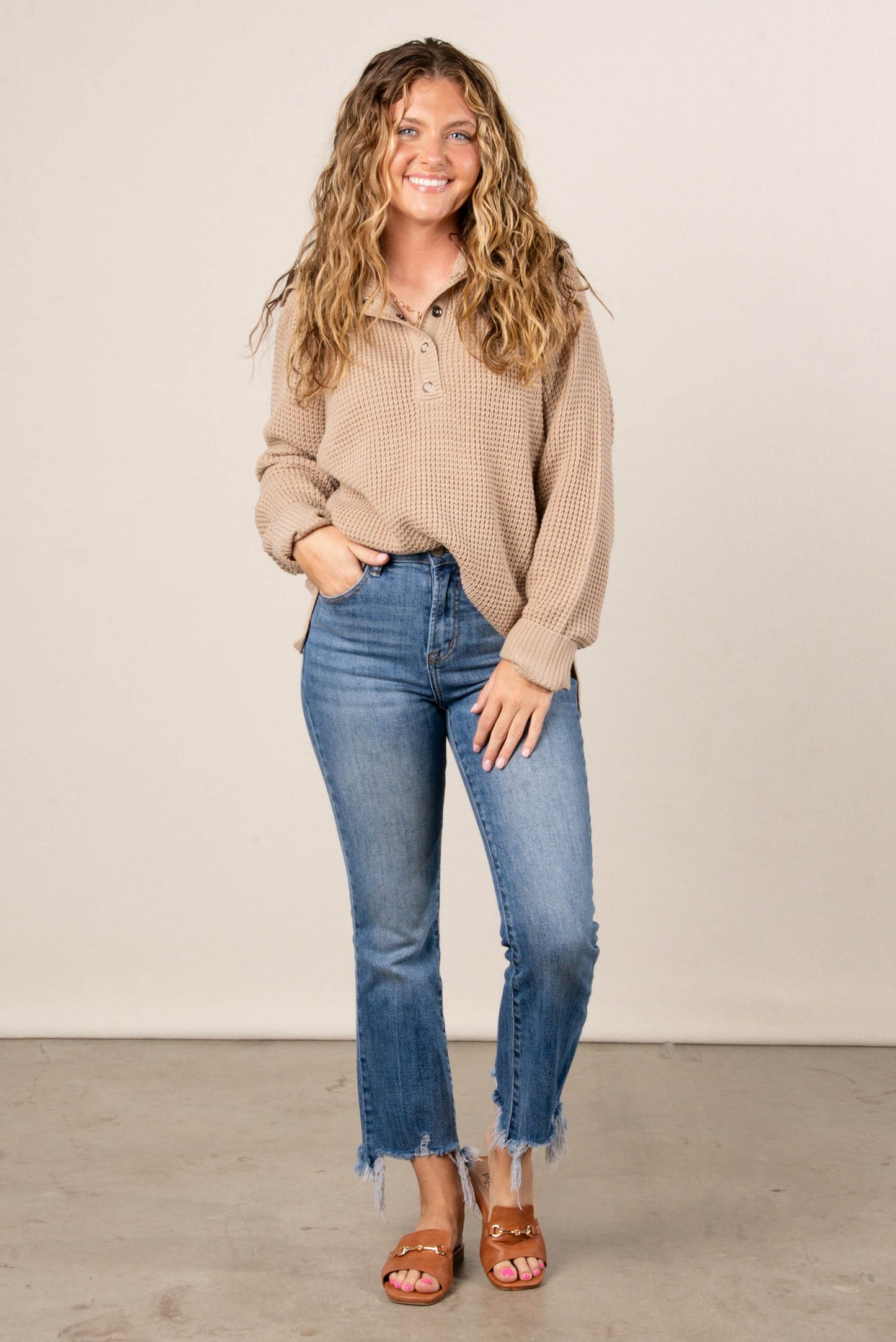 Loretta Waffle Knit Snap Neck Sweater