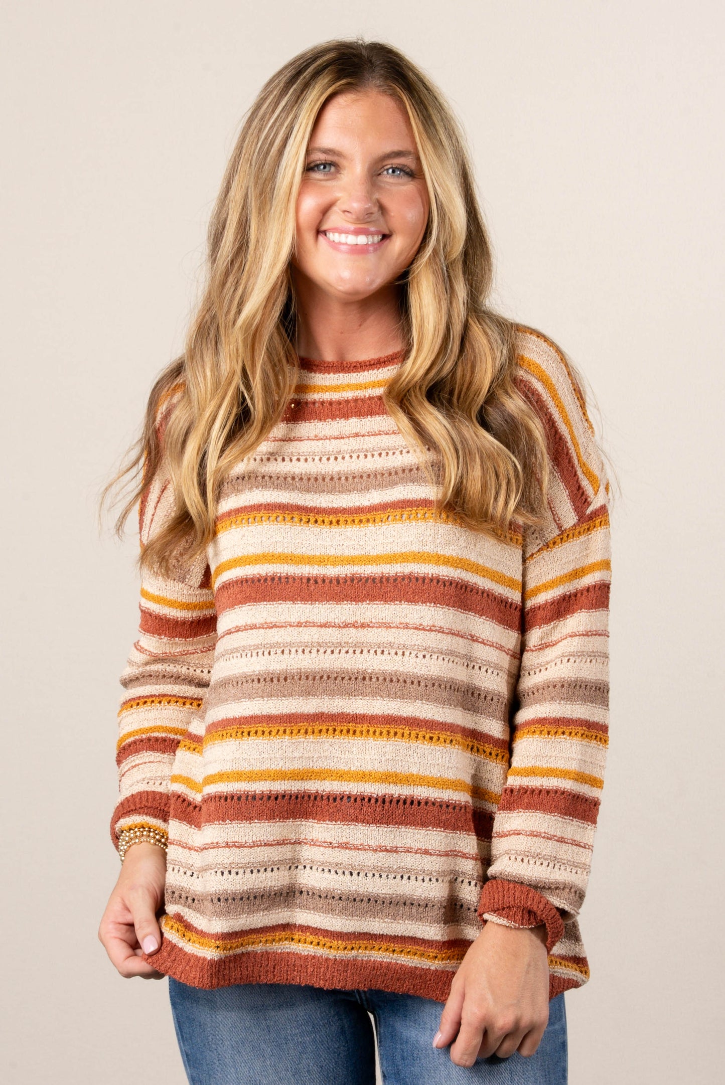 Breezey Striped Pointelle Knit Sweater