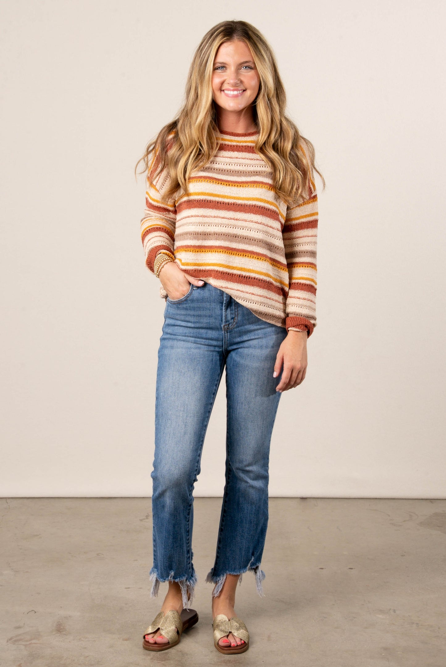 Breezey Striped Pointelle Knit Sweater