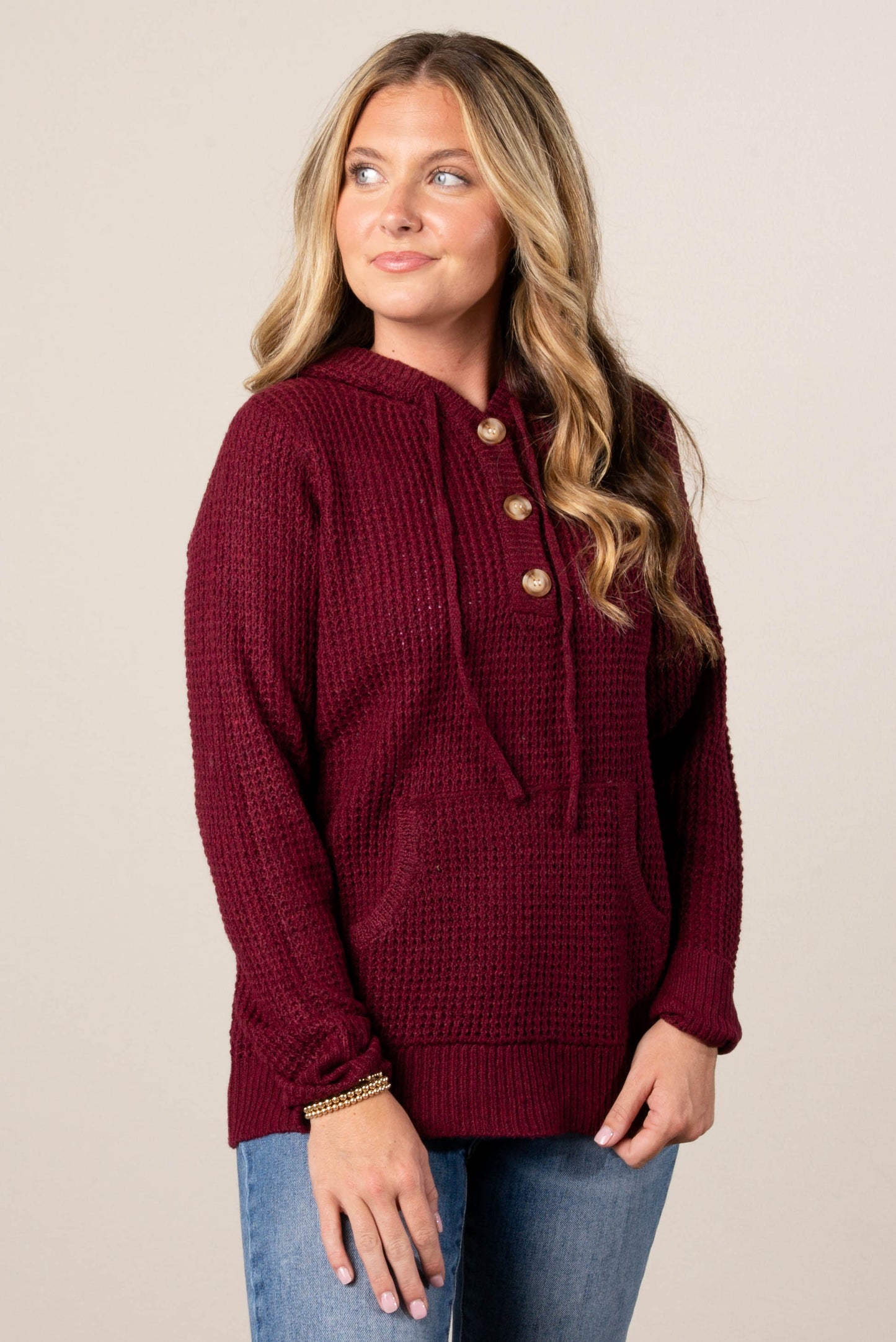 Ava Waffle Knit Hooded Henely Sweater