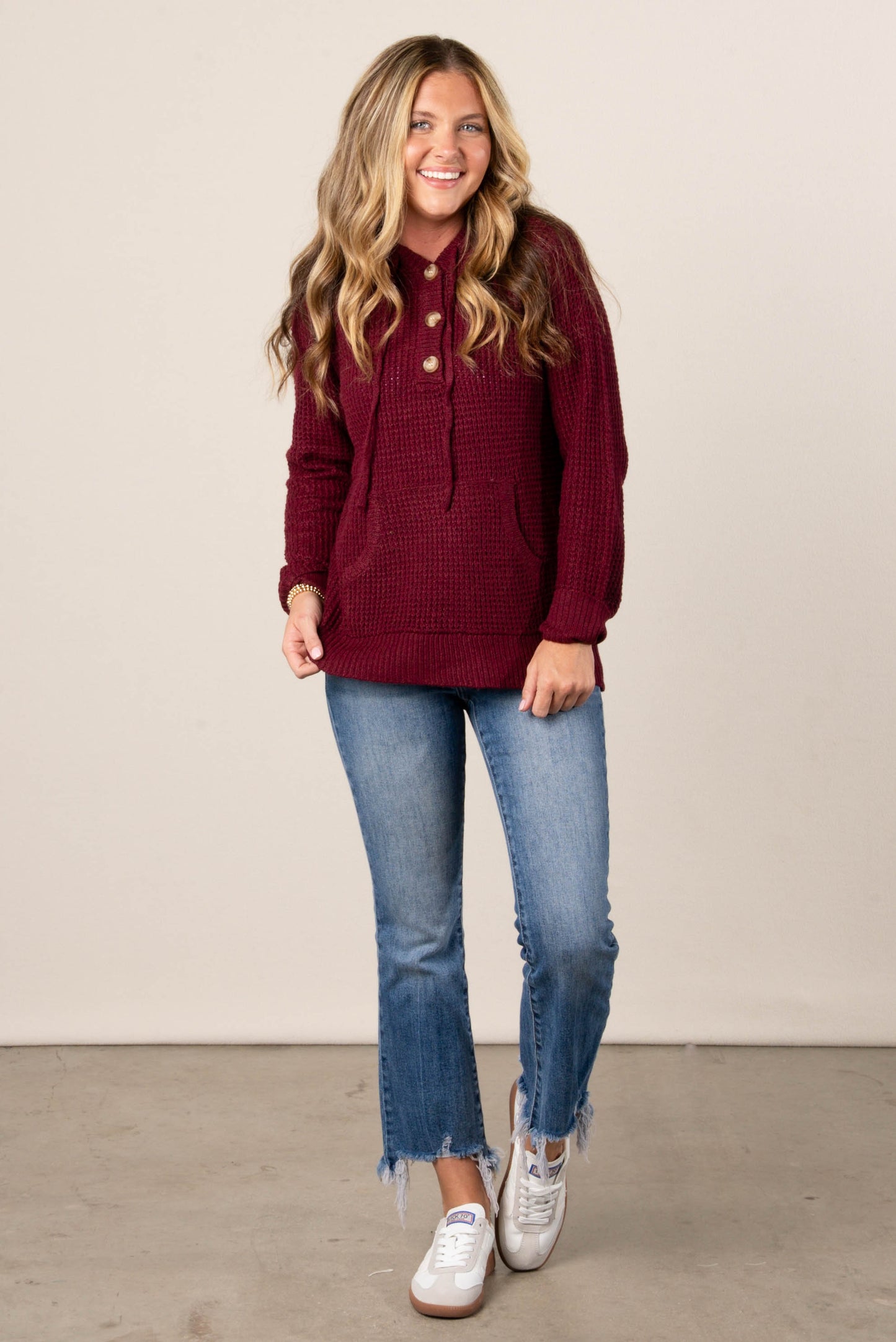 Ava Waffle Knit Hooded Henely Sweater