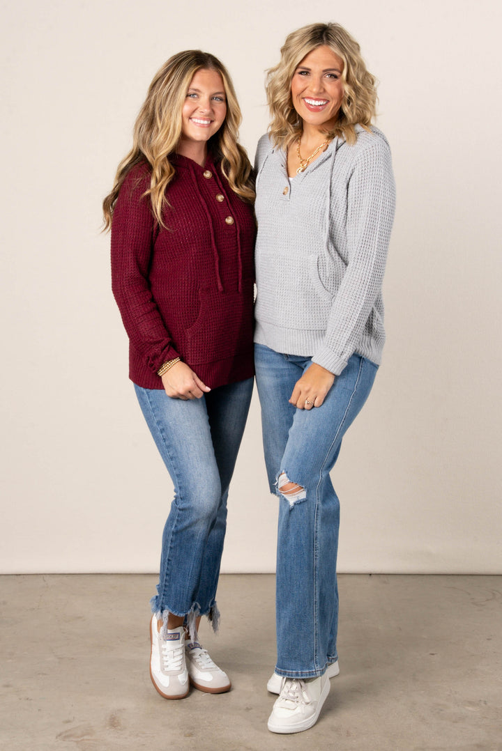 Ava Waffle Knit Hooded Henley Sweater