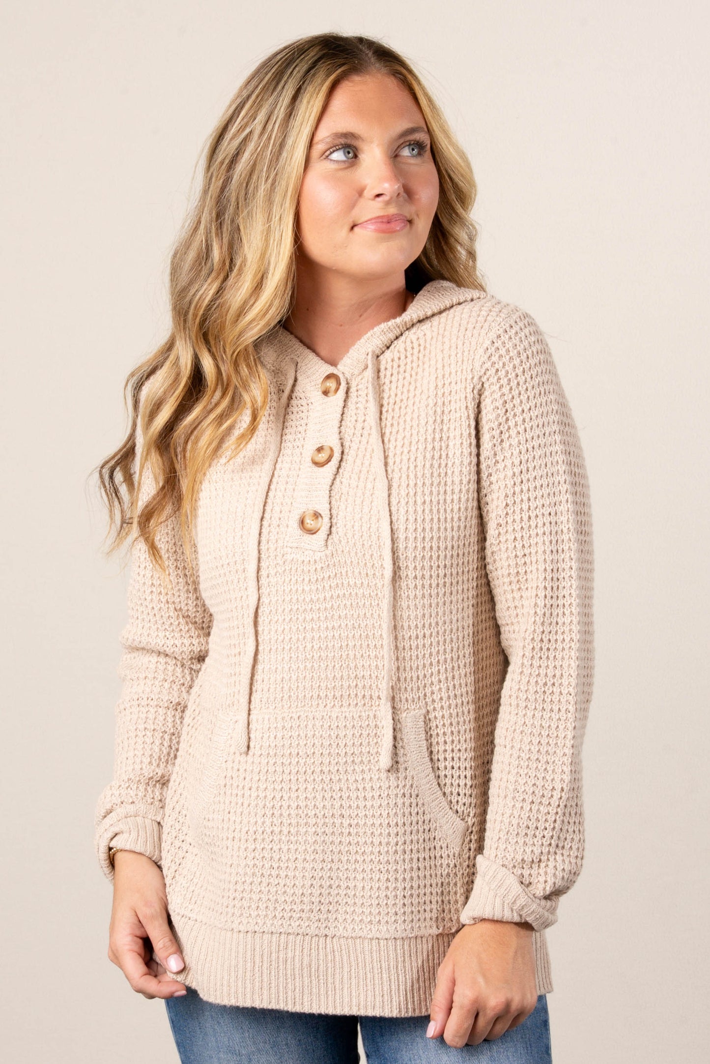 Ava Waffle Knit Hooded Henely Sweater